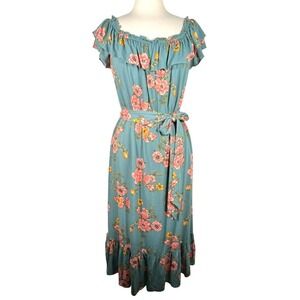 Blu Dahlia Off Shoulder Floral Dress M Teal Green Belted Short Sleeve Summer